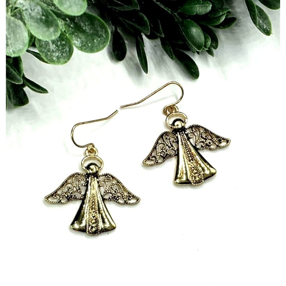 Vintage Gold Tone Angel Dangle Earrings Filigree Detailed